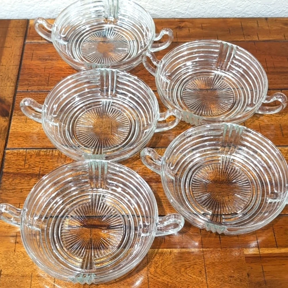 5 1930's Anchor Hocking Manhattan Ribbed Handled Dessert Side Dish Bowls 6